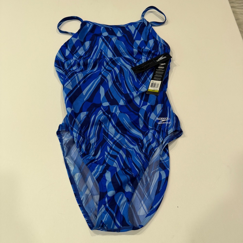 Speedo Endurance+ Flyback One Piece Swimsuit Blue Abstract Print Size 14/40 NEW